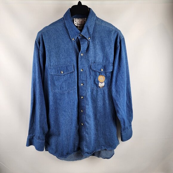 Crazy Cowboy Rodeo Western Shirt Mens XL Aztec L/S Embroidered Denim Chambray - Picture 1 of 7